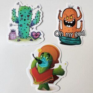 UNIQUE Cacti Sticker LOT  of 3 Love Cactus, Singing Cactus, Snarky Cactus